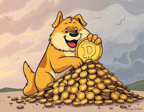 Cartoon illustration of Dogecoin whales accumulating DOGE amidst market volatility, signaling strong long-term confidence.