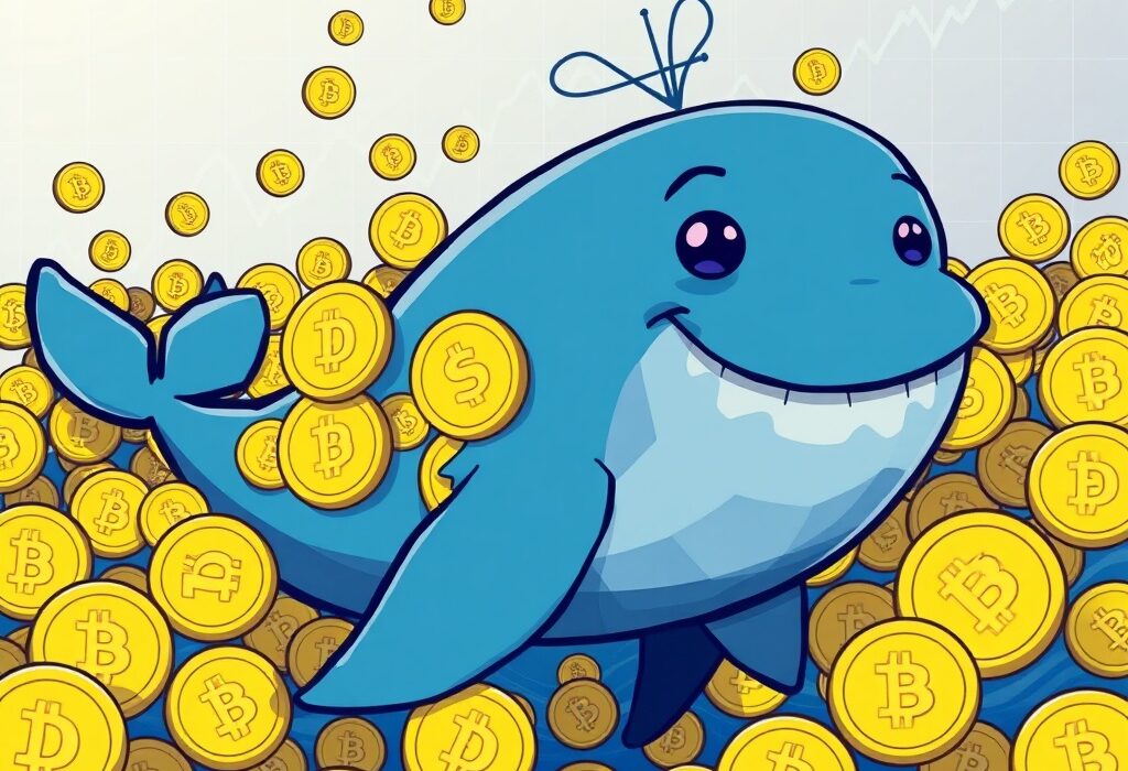 Cartoon whale accumulating a massive amount of Dogecoin, illustrating recent Dogecoin whales' buying activity and market impact.