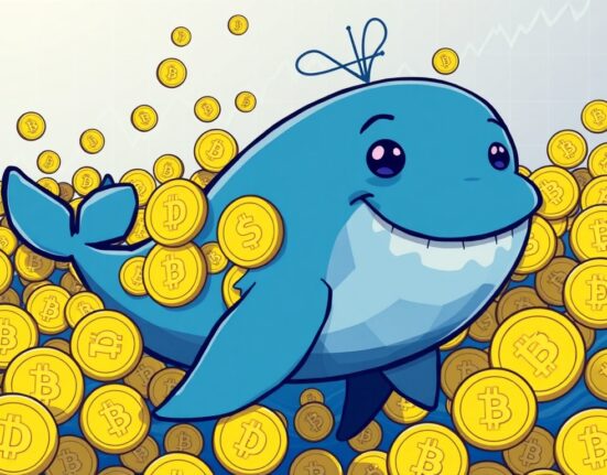 Cartoon whale accumulating a massive amount of Dogecoin, illustrating recent Dogecoin whales' buying activity and market impact.