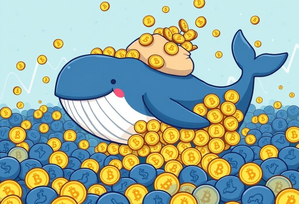 A large whale, representing Dogecoin Whales, accumulates a huge amount of DOGE coins, signaling significant market activity for Dogecoin.