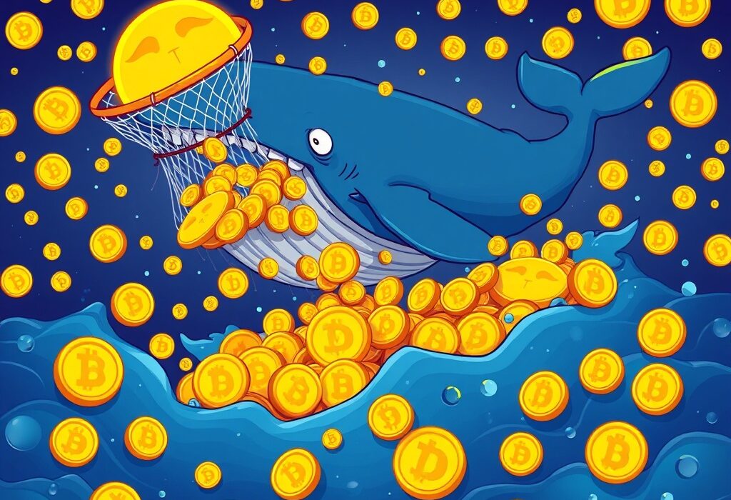 A cartoon whale collecting Dogecoin, symbolizing the massive purchases by Dogecoin whales and their market impact.