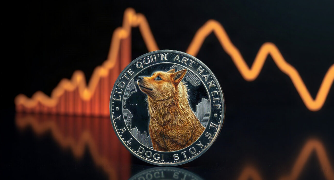 Dogecoin coin on reflective surface with faint price chart in background