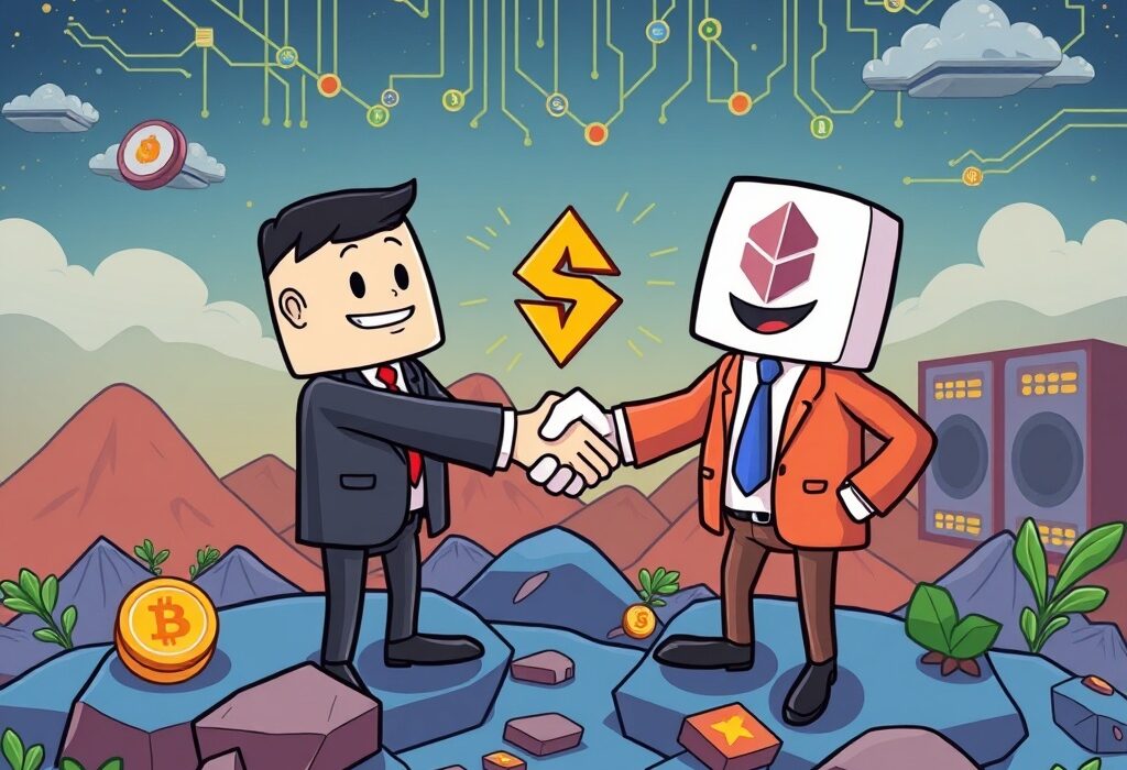 A vibrant cartoon illustrating the strategic Dogehash acquisition, symbolizing growth and the formation of XDOG in the crypto mining sector.