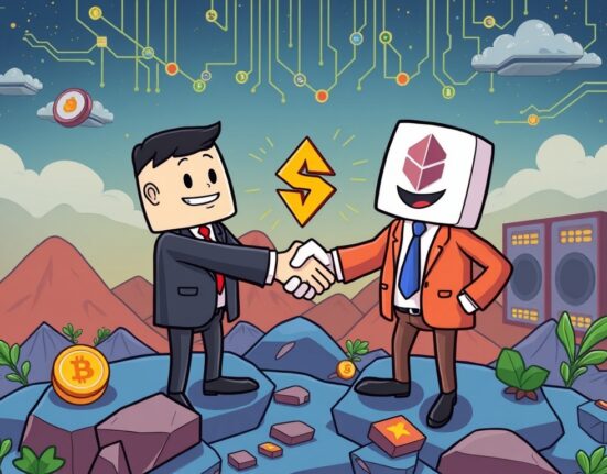 A vibrant cartoon illustrating the strategic Dogehash acquisition, symbolizing growth and the formation of XDOG in the crypto mining sector.