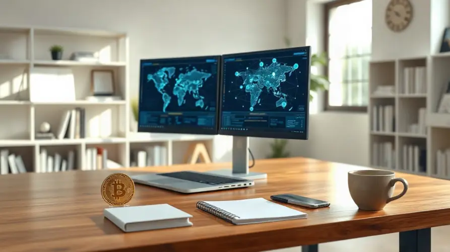 A developer workspace with computer screens showing blockchain network diagrams and a Dogecoin-themed ornament, representing DogeOS application layer development on Dogecoin.