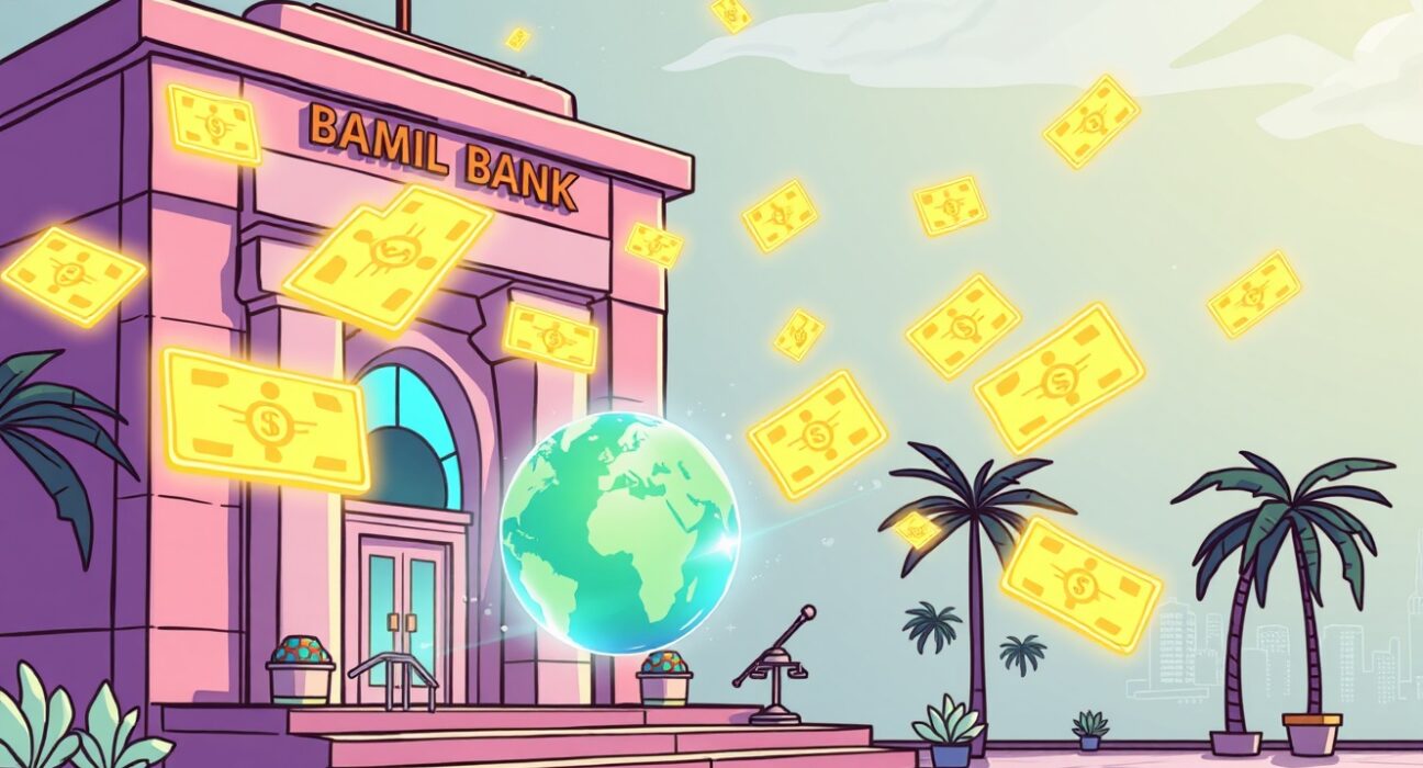 Illustration of Doha Bank's revolutionary digital bond issuance using blockchain technology.