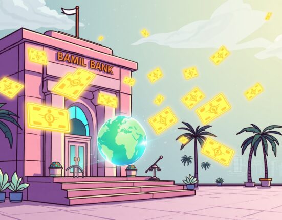 Illustration of Doha Bank's revolutionary digital bond issuance using blockchain technology.