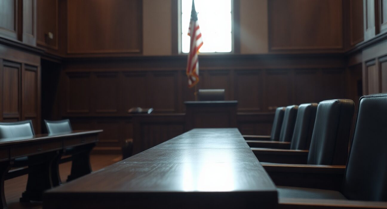 Federal courtroom with judge's bench and American flag, symbolizing the DOJ fraud case against Taj Tarsha