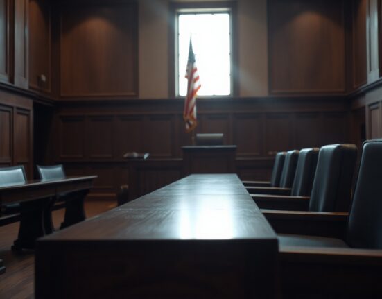 Federal courtroom with judge's bench and American flag, symbolizing the DOJ fraud case against Taj Tarsha