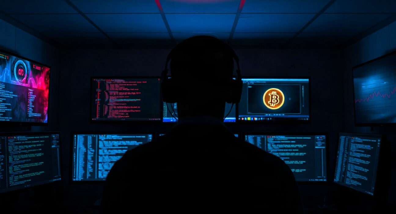 Cyber investigator monitoring screens with Bitcoin symbol in dark control room
