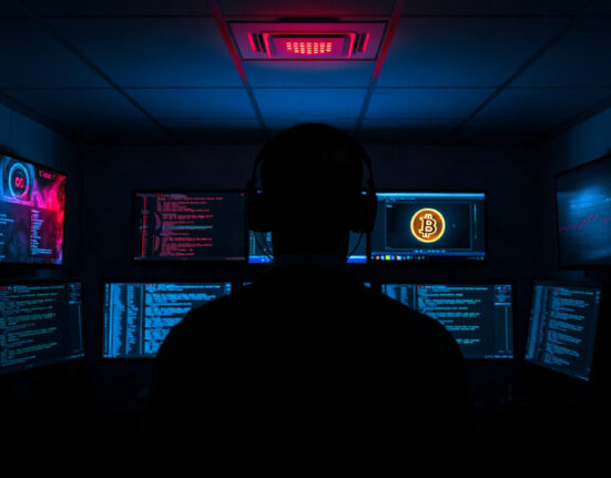Cyber investigator monitoring screens with Bitcoin symbol in dark control room