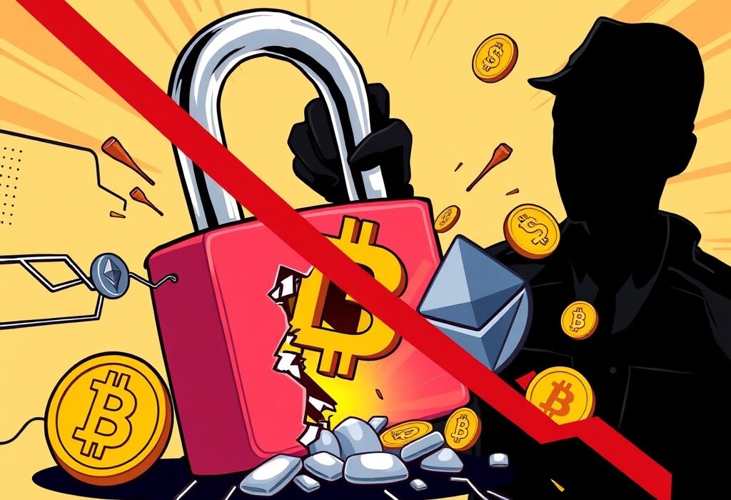 A cartoon illustration showing the successful U.S. DOJ crypto seizure, symbolizing law enforcement's victory over ransomware operations.