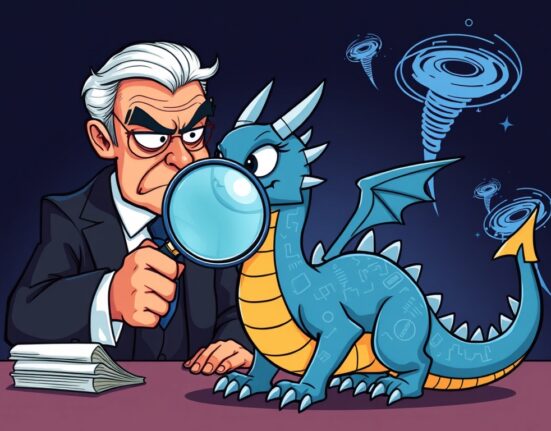 A cartoon illustration showing the DOJ's scrutiny over Dragonfly in the crypto space, highlighting legal challenges for venture capital firms, specifically in relation to the DOJ Dragonfly case.