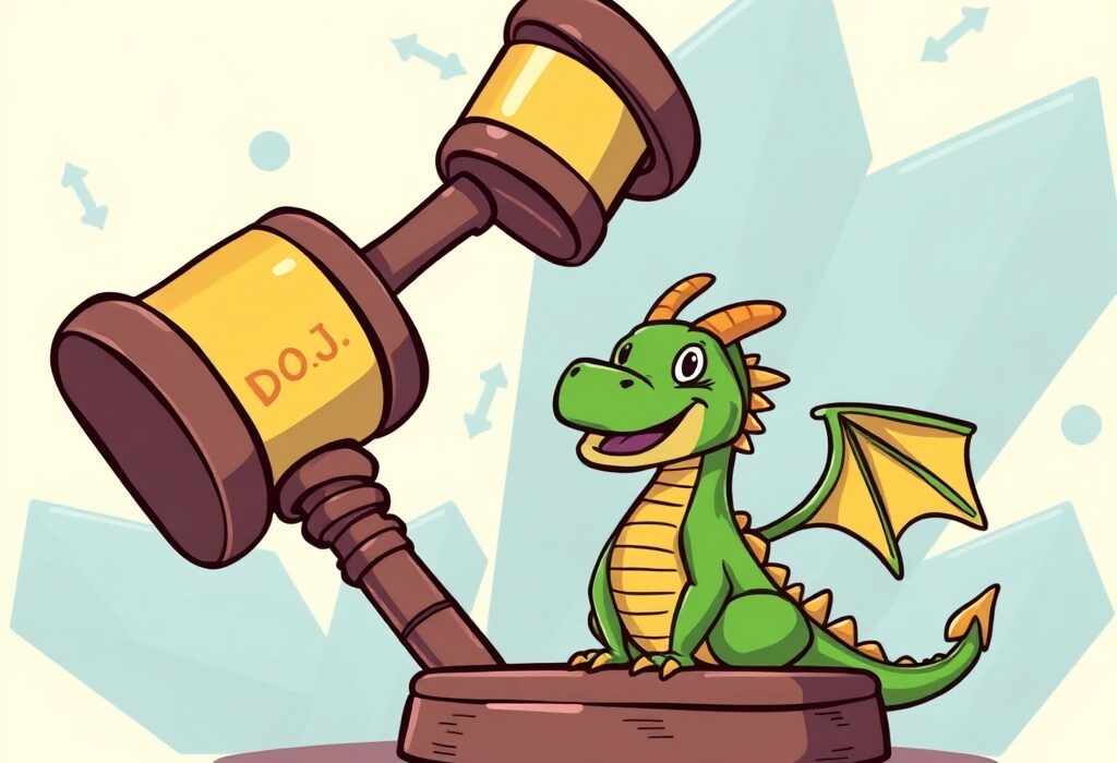 A cartoon image illustrating the U.S. DOJ's denial of prosecution reports concerning Dragonfly, symbolizing relief in crypto venture capital.