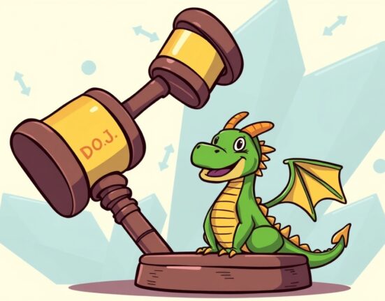 A cartoon image illustrating the U.S. DOJ's denial of prosecution reports concerning Dragonfly, symbolizing relief in crypto venture capital.