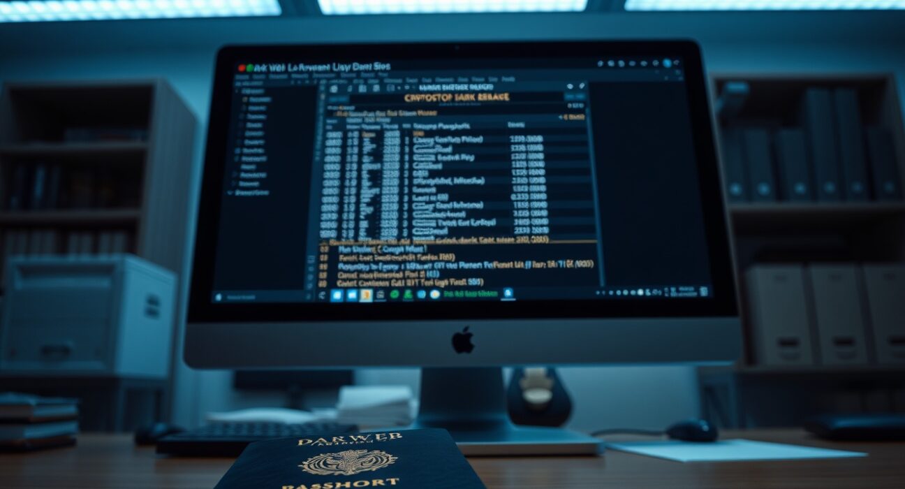 Law enforcement desk with dark web marketplace screen, German passport, and gold bar