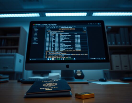 Law enforcement desk with dark web marketplace screen, German passport, and gold bar