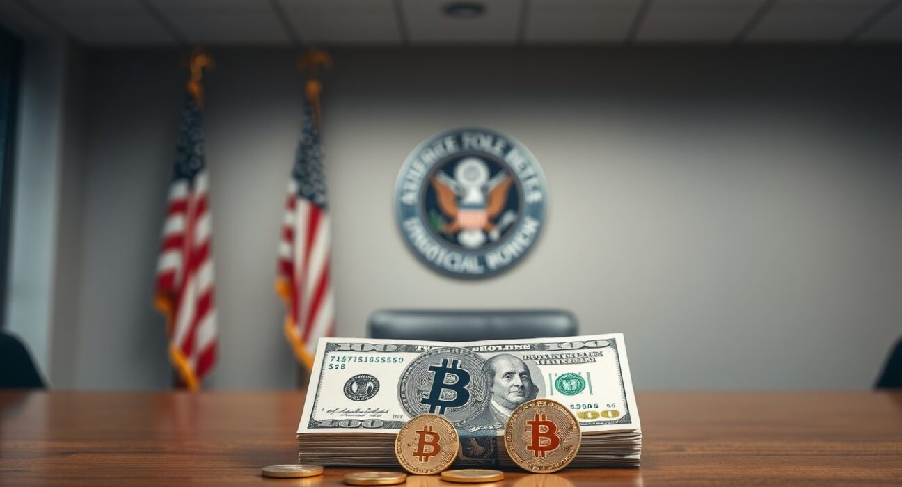 Stack of U.S. dollars and Bitcoin coins on a table in a government office, symbolizing seized assets in a fraud case.