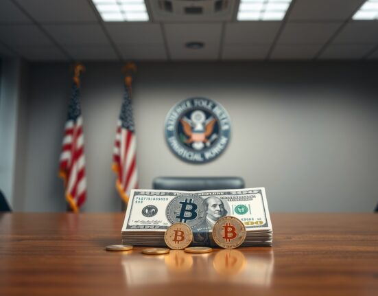 Stack of U.S. dollars and Bitcoin coins on a table in a government office, symbolizing seized assets in a fraud case.