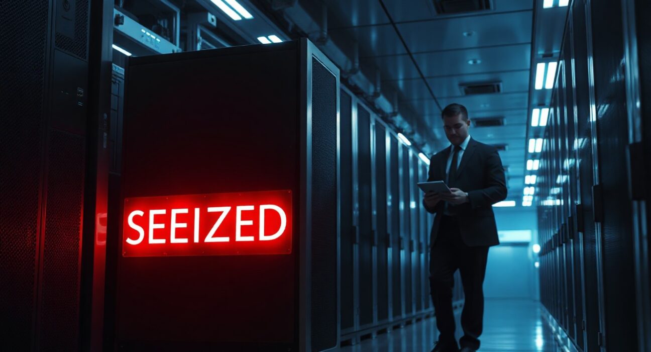 Data center server with seized label in US DOJ crypto laundering investigation