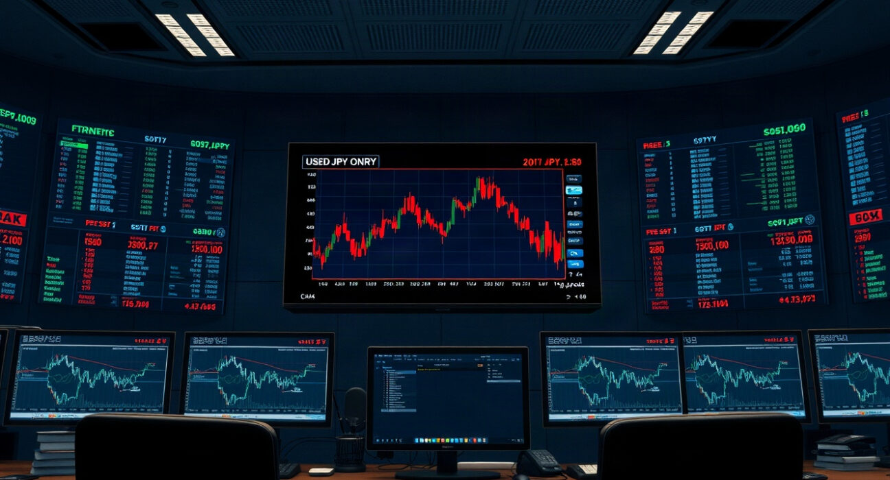 Trading desk monitors showing USD/JPY charts at 3-month lows