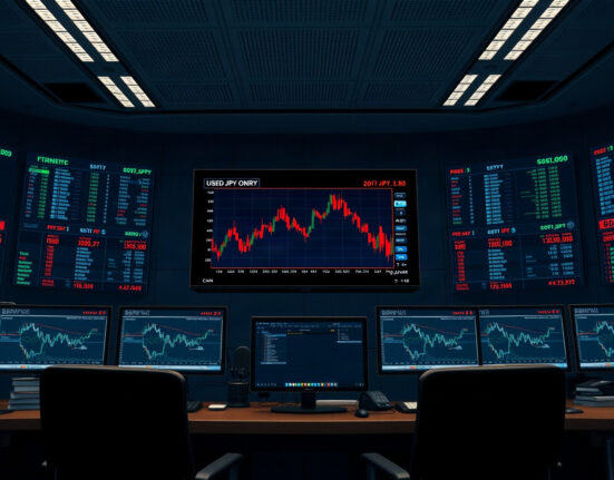 Trading desk monitors showing USD/JPY charts at 3-month lows