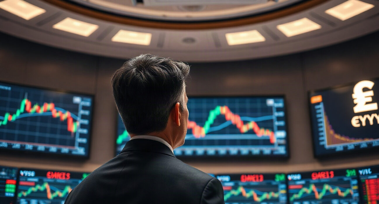 Trading screens showing currency charts and symbols in a financial market setting