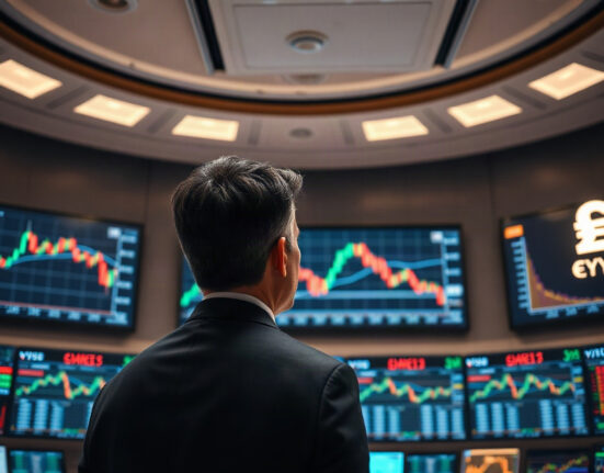 Trading screens showing currency charts and symbols in a financial market setting