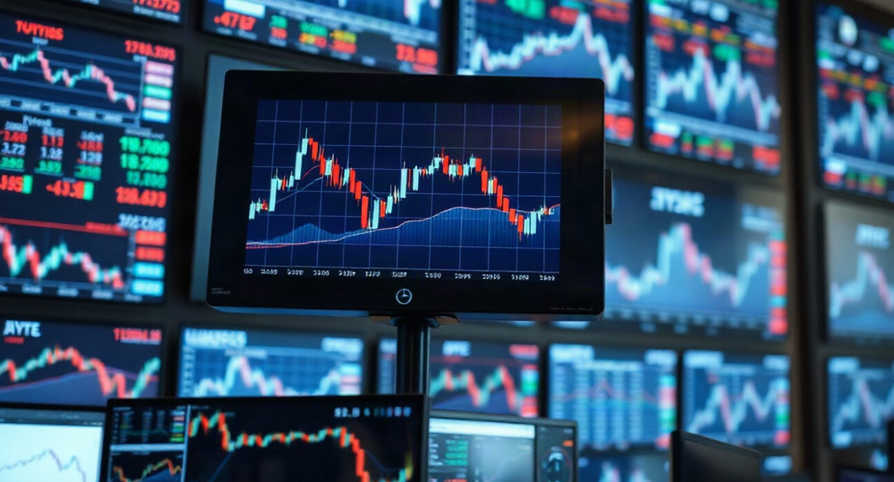Trading floor monitors showing financial charts, with a downward trend on the main screen