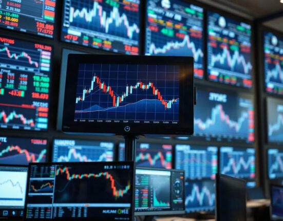 Trading floor monitors showing financial charts, with a downward trend on the main screen