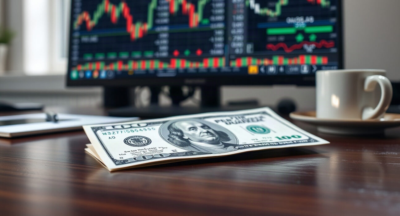 US dollar banknote on desk with financial charts in background, symbolizing currency market caution.
