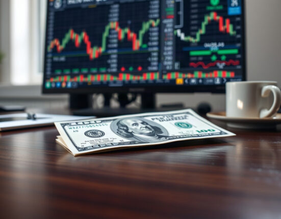 US dollar banknote on desk with financial charts in background, symbolizing currency market caution.