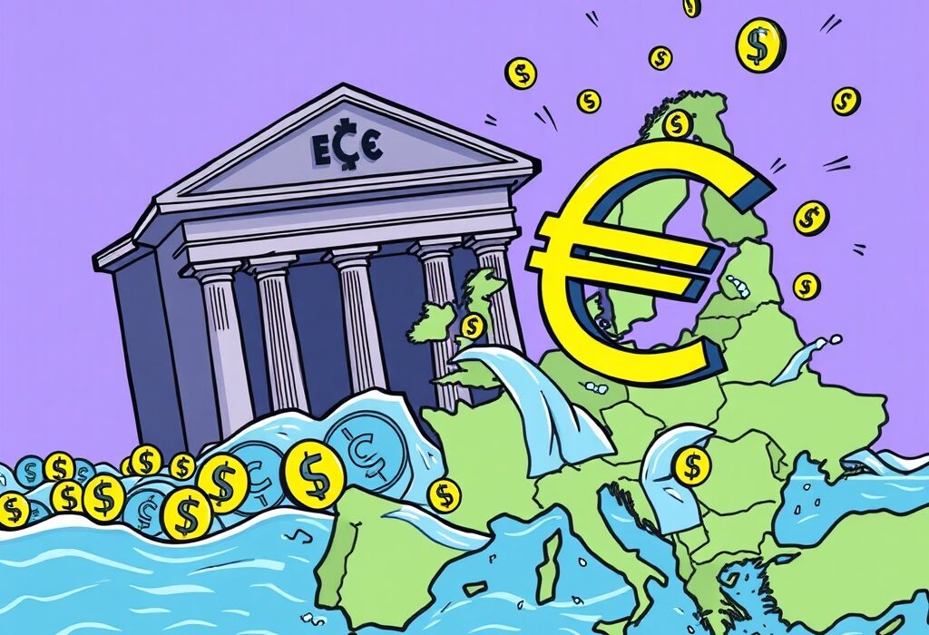 A cartoon illustration showing the ECB protecting the euro from the overwhelming influence of dollar-backed stablecoins.