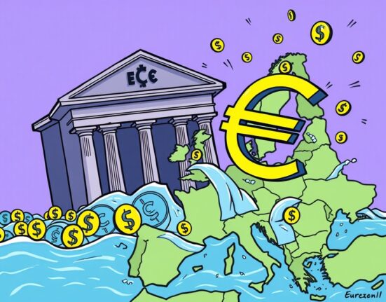 A cartoon illustration showing the ECB protecting the euro from the overwhelming influence of dollar-backed stablecoins.