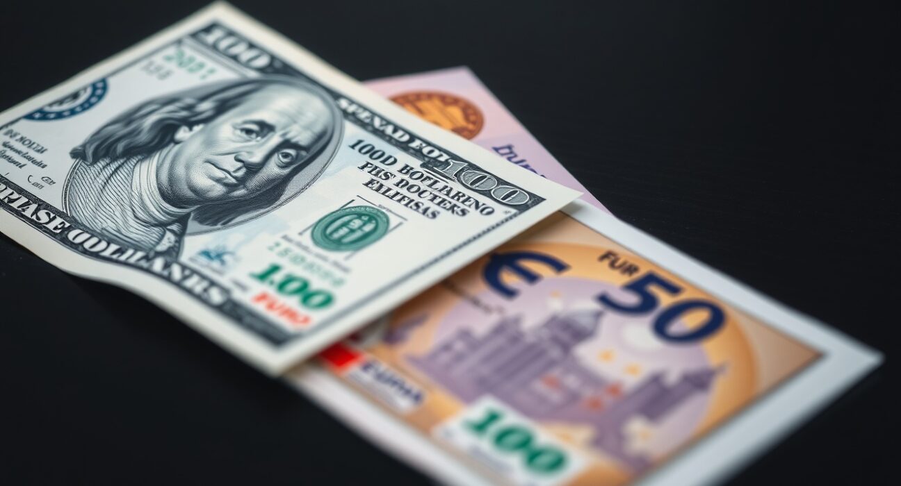Close-up of a US dollar bill and a Euro banknote on a desk, symbolizing currency market focus.