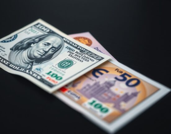 Close-up of a US dollar bill and a Euro banknote on a desk, symbolizing currency market focus.