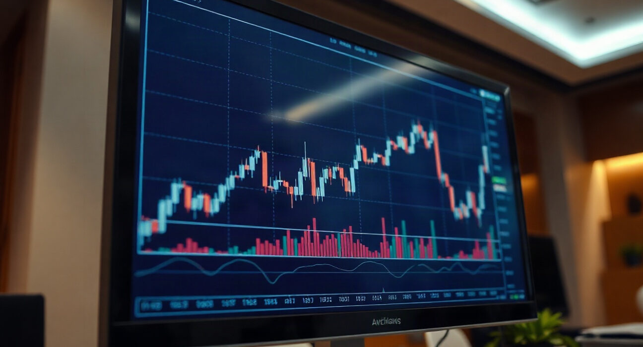 Financial chart showing dollar breakout with bullish trend on screen in trading room
