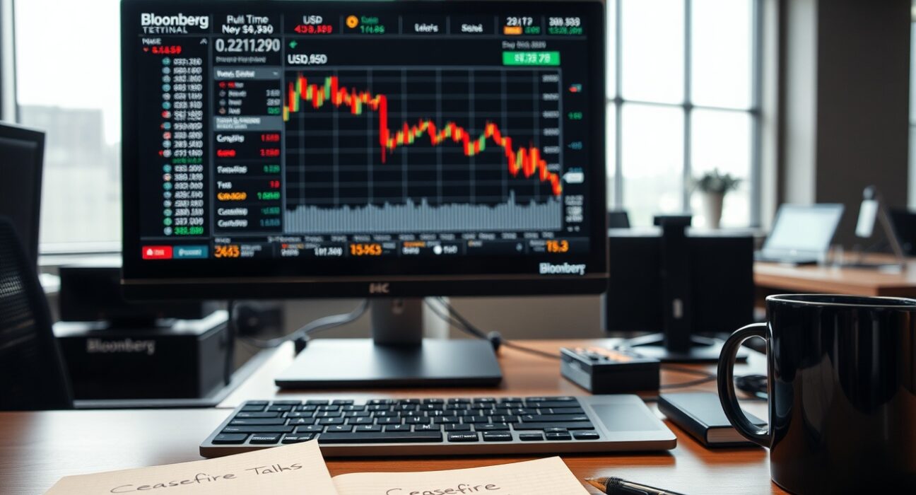 Financial trading desk showing US dollar decline amid ceasefire talks and PPI data affecting currency markets.