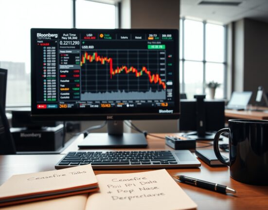 Financial trading desk showing US dollar decline amid ceasefire talks and PPI data affecting currency markets.