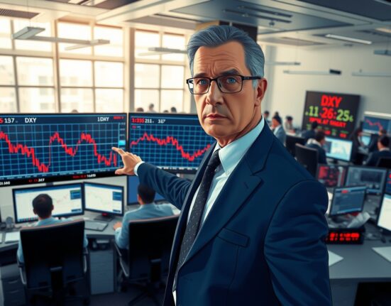 Financial traders monitor US dollar decline amid Iran conflict and central bank caution on global markets.