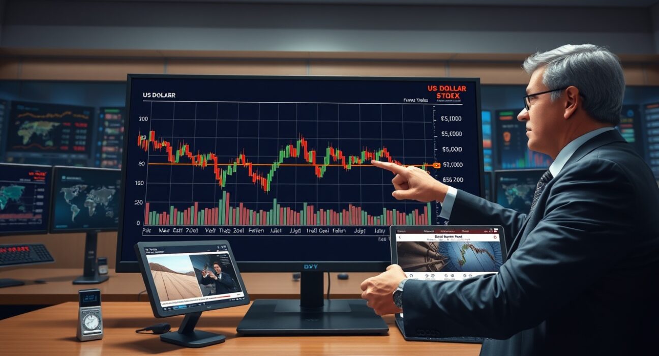 Financial analyst monitoring US dollar decline amid Iran peace talk developments in global currency markets.