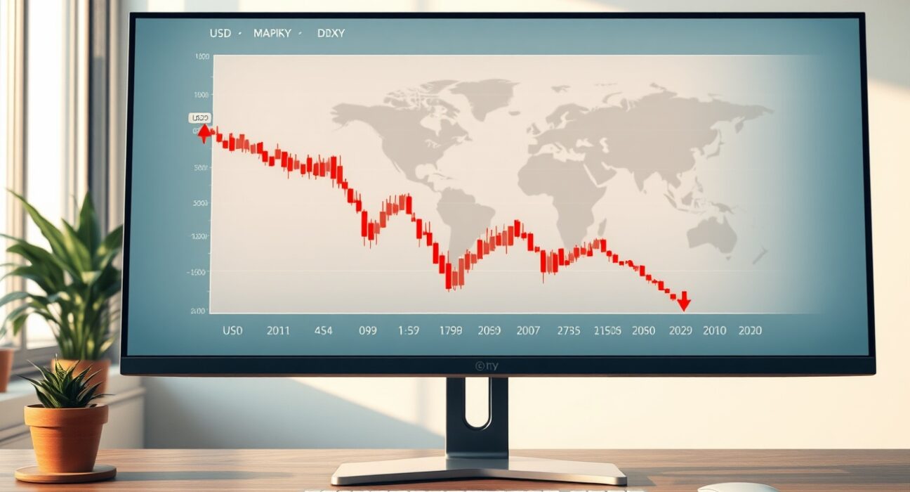 Forex chart showing the U.S. dollar index in decline amid geopolitical and economic news.