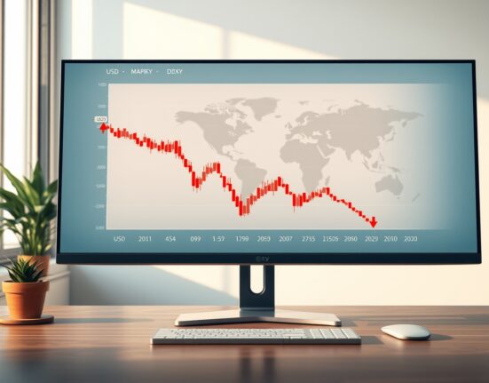 Forex chart showing the U.S. dollar index in decline amid geopolitical and economic news.