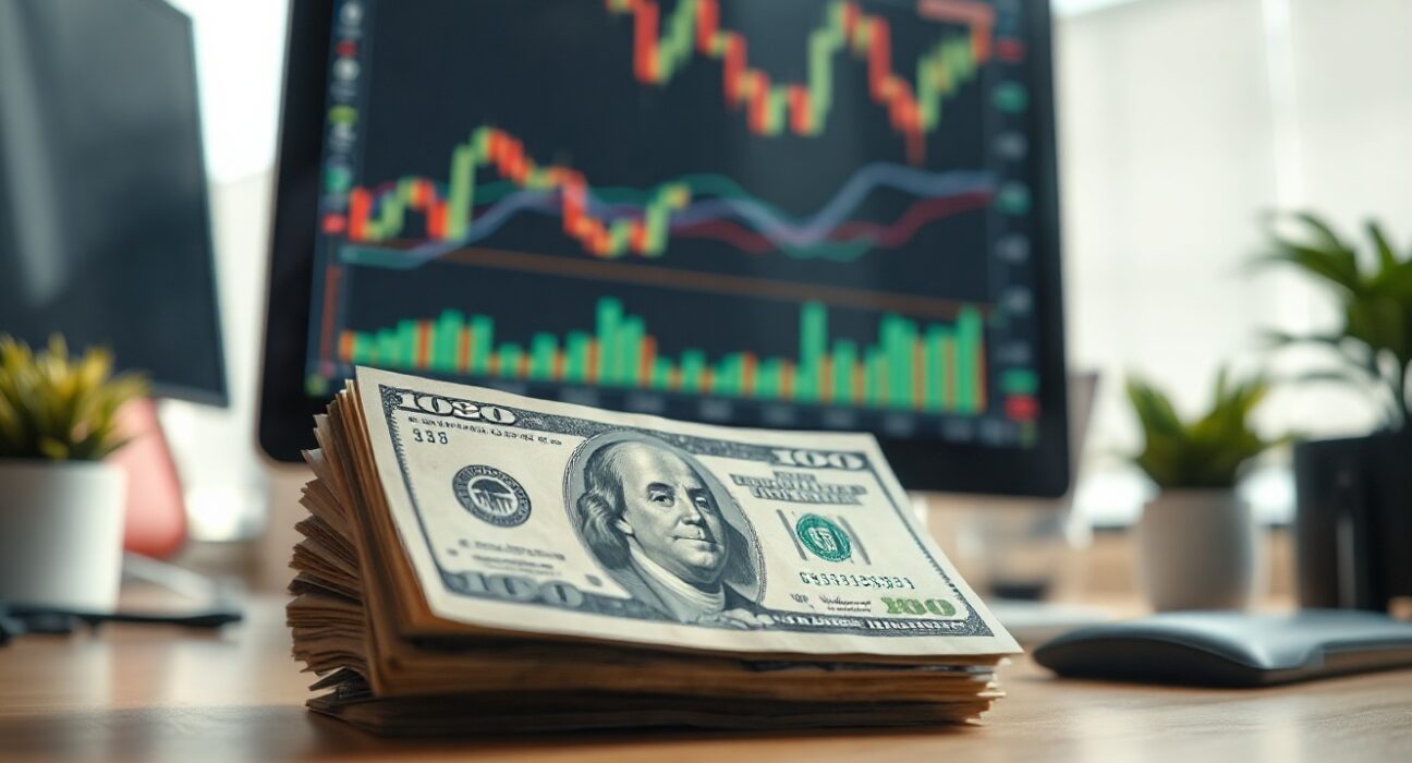 US dollar banknotes and financial charts on a trading screen