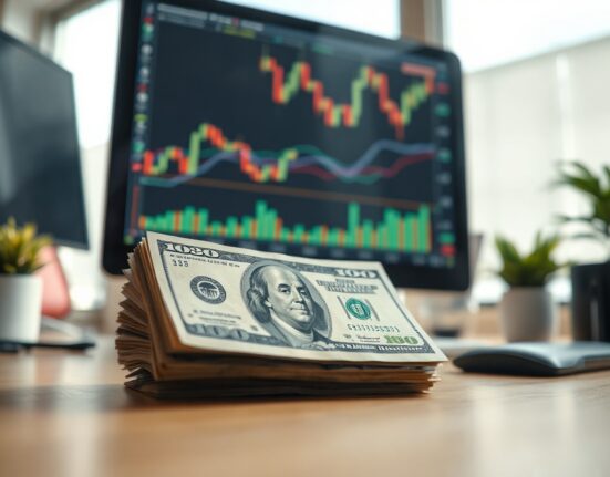 US dollar banknotes and financial charts on a trading screen