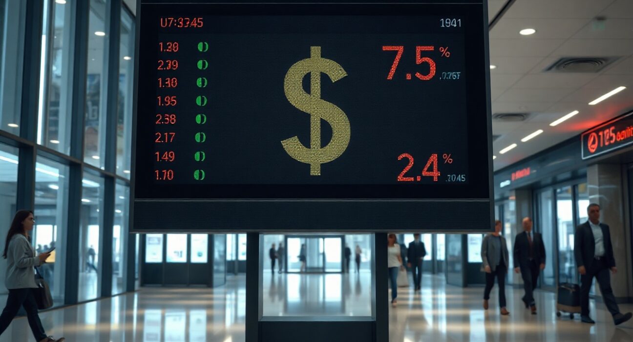 Electronic currency board showing US dollar exchange rates fluctuating ahead of jobs report