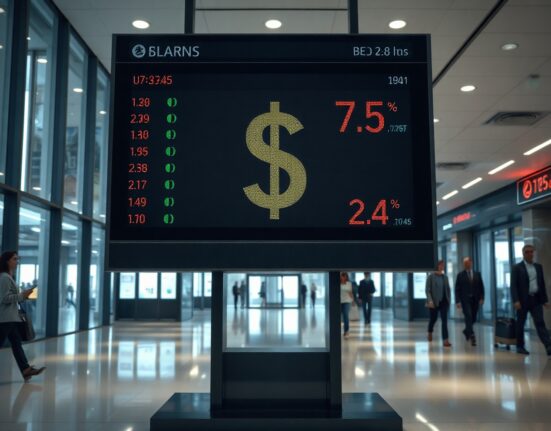 Electronic currency board showing US dollar exchange rates fluctuating ahead of jobs report