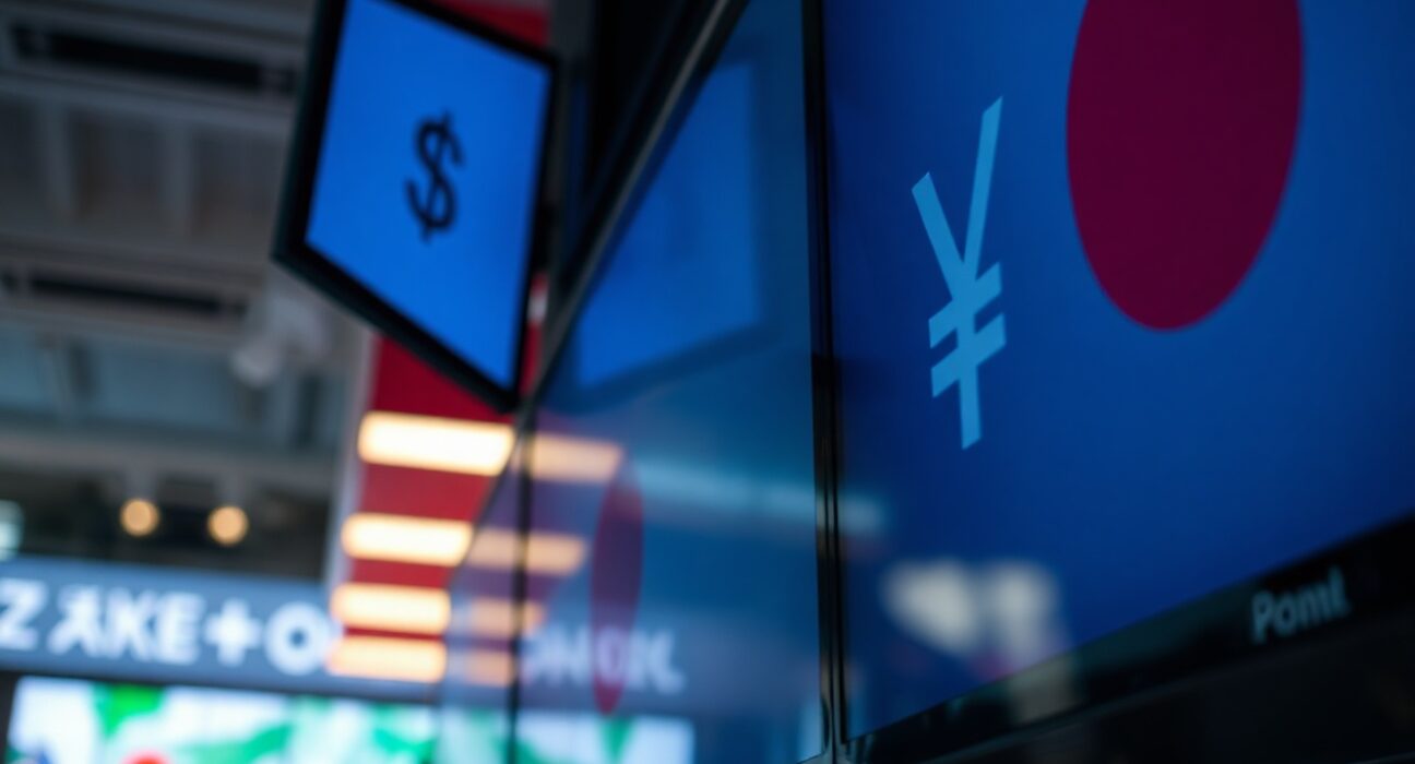 Currency exchange board showing US dollar and Japanese yen in a financial district