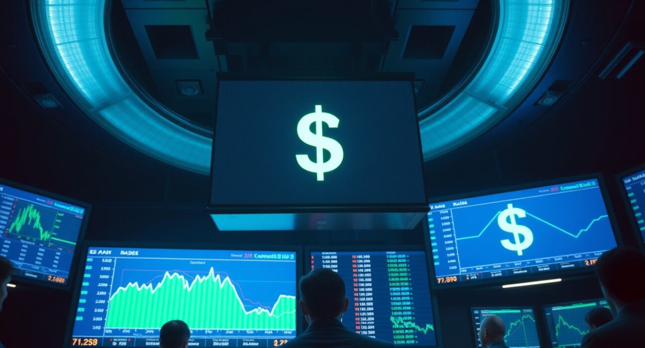 Foreign exchange trading floor with digital screens showing declining US dollar index charts after a US-Iran peace deal announcement.