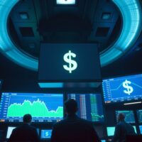 Foreign exchange trading floor with digital screens showing declining US dollar index charts after a US-Iran peace deal announcement.